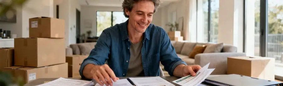 Personne comparant plusieurs offres de déménageurs sur documents papier dans salon avec cartons en préparation