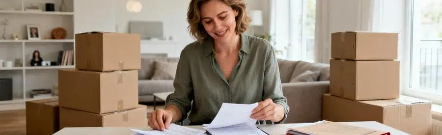 Personne comparant plusieurs offres de déménageurs sur documents papier dans salon du Grand-Quevilly