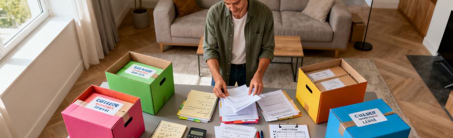 Comparaison Offres Demenageurs La Garde Personne comparant plusieurs offres de déménageurs sur table avec dossiers et documents organisés