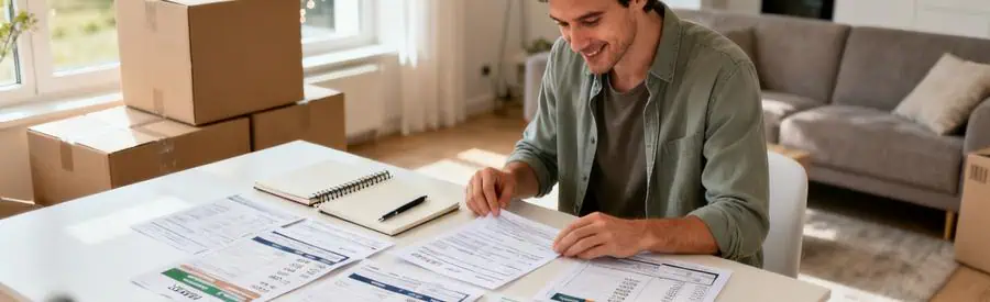 Personne comparant plusieurs offres de déménageurs sur documents papier dans salon du Creusot