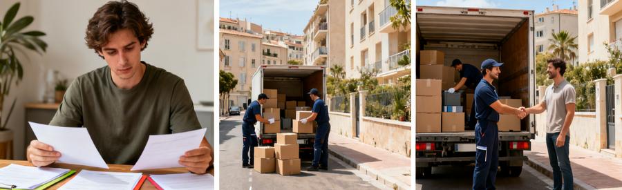 Triptyque comparaison offres déménagement à Marseille 9ème : consultation documents, chargement et accord final