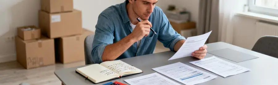 Personne comparant plusieurs offres de déménageurs sur documents papier à Meyzieu