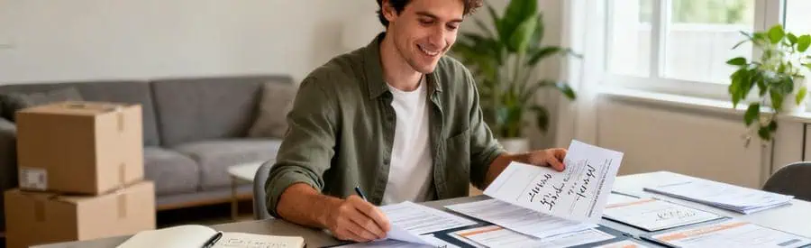 Personne comparant plusieurs offres de déménageurs sur documents papier dans salon moderne à Oullins