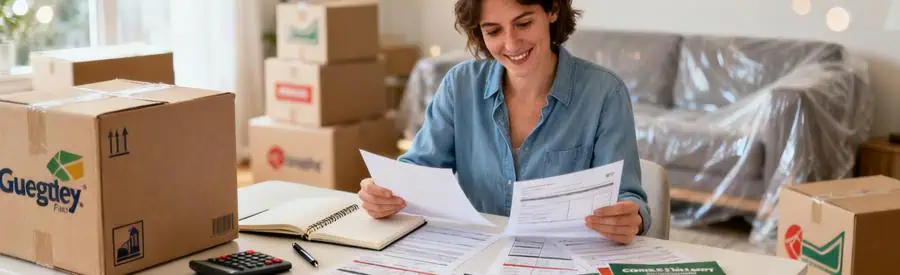 Personne comparant plusieurs offres de déménageurs sur documents papier dans salon à Pau