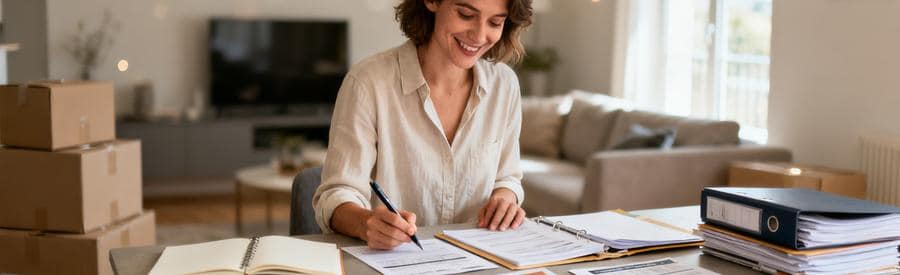 Personne comparant plusieurs offres de déménageurs à Saint-Jean-de-Luz sur une table avec documents papier