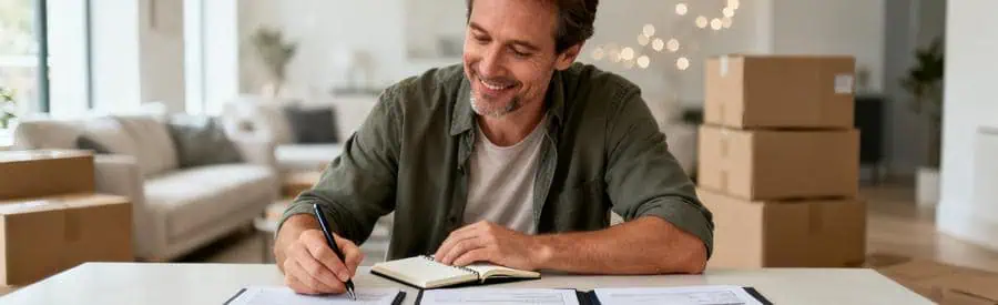 Comparaison Offres Demenageurs Saint Priest Personne comparant plusieurs offres de déménageurs sur documents papier dans salon avec cartons en arrière-plan