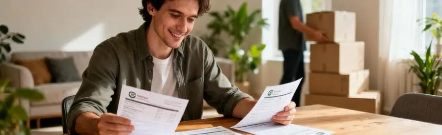 Comparaison Offres Demenageurs Sens Yonne Personne comparant plusieurs offres de déménageurs professionnels sur documents papier dans un salon à Sens