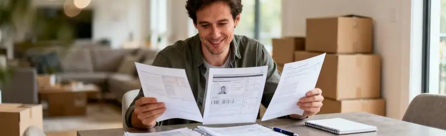 Personne comparant plusieurs offres de déménageurs sur documents papier à domicile à Vaulx-en-Velin