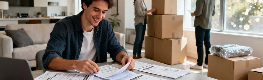 Comparaison Offres Demenageurs Venissieux Personne comparant plusieurs offres de déménageurs professionnels sur documents papier dans salon moderne