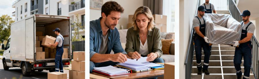 Comparaison Services Demenagement Essonne 91 Trois scènes illustrant différents services de déménagement en Essonne : chargement, organisation et transport mobilier