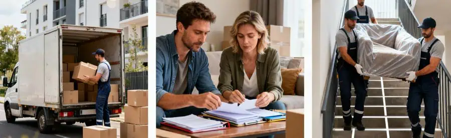 Trois scènes illustrant différents services de déménagement en Essonne : chargement, organisation et transport mobilier