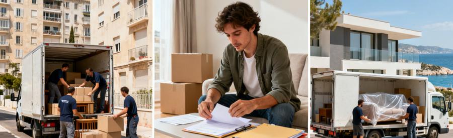 Triptyque illustrant les étapes d'un déménagement à Marseille 8ème avec variations tarifaires selon volume