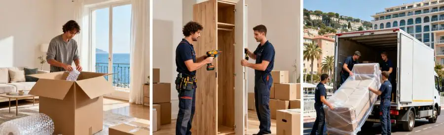 Trois formules de déménagement à Nice : économique avec emballage personnel, standard avec démontage, et complète