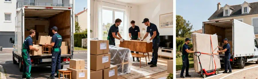 Comparaison Volumes Demenagement La Roche Sur Yon Trois scènes montrant différents volumes de déménagement à La Roche-sur-Yon : studio, appartement et maison