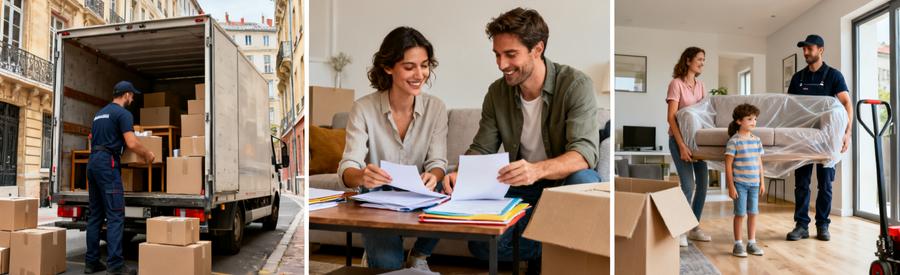 Trois scènes illustrant volumes déménagement Lyon 7ème : studio, appartement T3 et maison individuelle