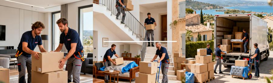 Comparaison Volumes Demenagement Pertuis Tarifs Trois scènes illustrant volumes déménagement à Pertuis : studio, appartement F3-F4 et maison familiale avec équipes