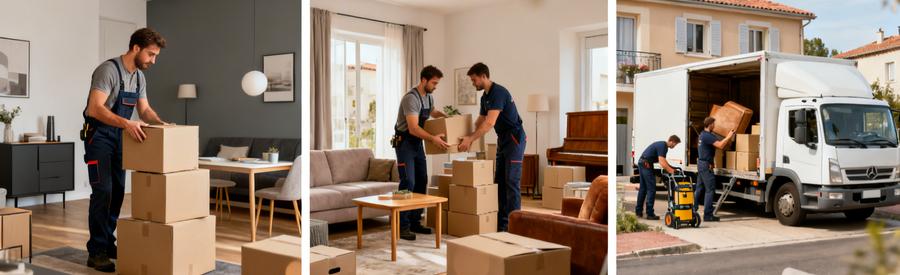 Trois scènes comparant volumes de déménagement : studio, appartement T3 et maison familiale à Cavaillon