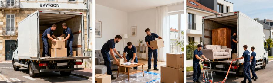 Trois scènes montrant volumes croissants : déménagement studio, T2 et T3 à Bayonne avec équipes adaptées