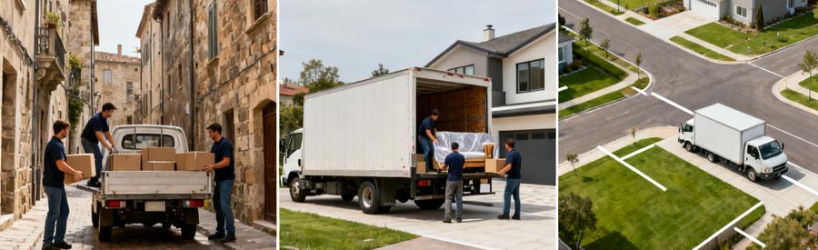 Configurations Acces Demenagement Chatellerault Quartiers Trois configurations d'accès pour déménagement à Châtellerault : centre historique, quartier pavillonnaire, zone résidentielle