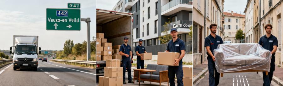 Trois configurations de déménagement à Vaulx-en-Velin : autoroute A42, quartier Carré de Soie, Mas du Taureau
