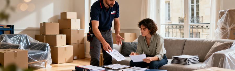 Déménageur conseillant un client sur les différentes formules de déménagement dans un salon lyonnais du 8ème