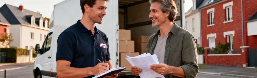 Consultation Offres Demenageurs Sotteville Les Rouen Client consultant plusieurs offres de déménageurs professionnels à Sotteville-lès-Rouen devant camion