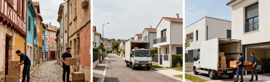 Contextes Demenagement Bayonne Anglet Pays Basque Trois environnements de déménagement : centre historique étroit, zone pavillonnaire accessible, résidence moderne