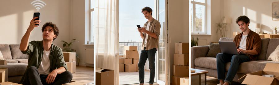Personne gérant sa connectivité internet mobile durant les différentes étapes de son déménagement entre deux logements