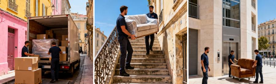 Trois situations de déménagement à Marseille 1er montrant différentes contraintes d'accès et d'étage