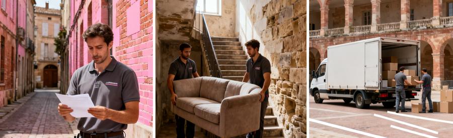 Déménageurs gérant contraintes du centre historique de Montauban : rues étroites, escaliers anciens, stationnement