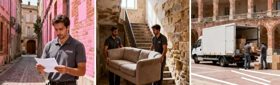Contraintes Demenagement Centre Historique Montauban Déménageurs gérant contraintes du centre historique de Montauban : rues étroites, escaliers anciens, stationnement