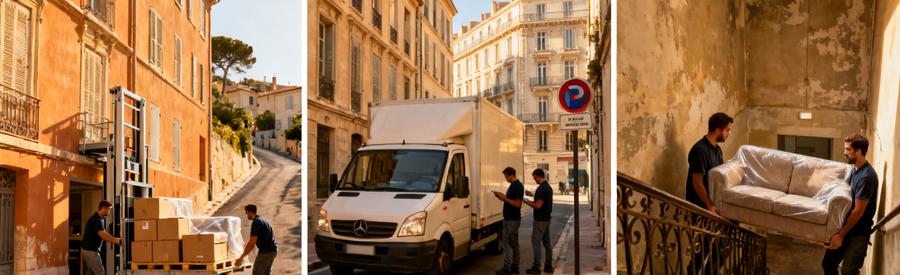 Monte-meuble, stationnement et portage escalier lors d'un déménagement en centre-ville marseillais PACA