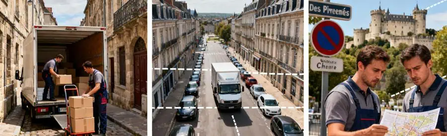 Déménageurs professionnels naviguant dans rues étroites et sens uniques du centre historique de Pau