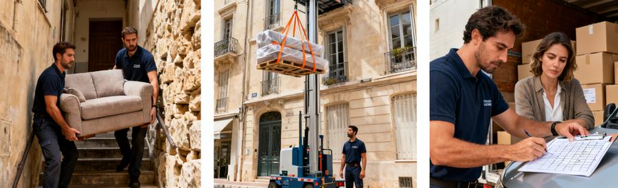 Triptyque illustrant les contraintes de déménagement dans le 3ème arrondissement : escaliers, monte-meubles et évaluation