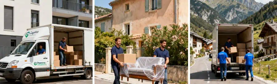 Trois scènes montrant déménageurs intervenant à Digne-les-Bains, commune moyenne et village isolé des Alpes-de-Haute-Provence