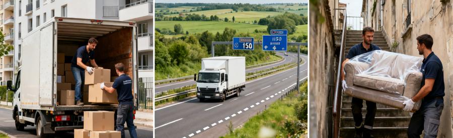 Déménageurs professionnels couvrant différentes zones du Grand-Quevilly : chargement, transport autoroute, montée escalier