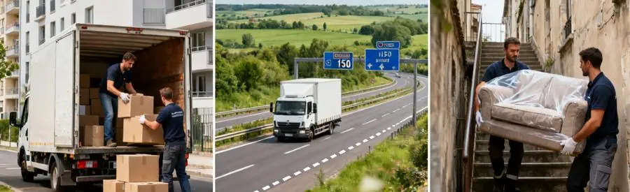 Déménageurs professionnels couvrant différentes zones du Grand-Quevilly : chargement, transport autoroute, montée escalier