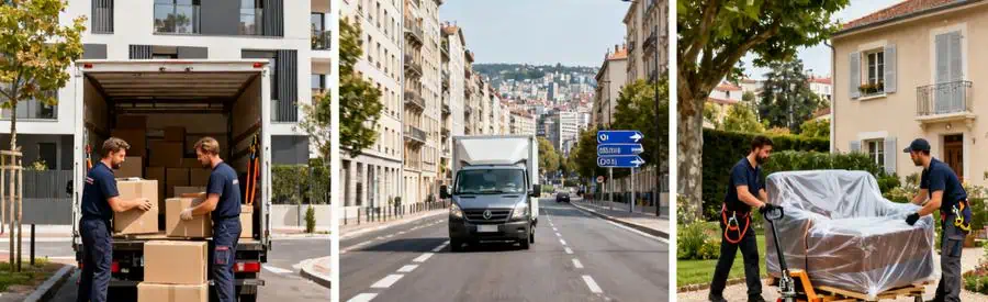 Triptyque montrant déménagement depuis Oullins vers différentes communes de la métropole lyonnaise