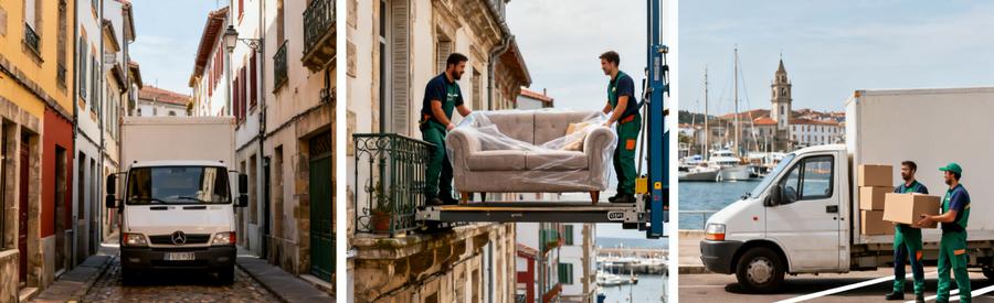 Triptyque montrant les contraintes d'accès pour un déménagement dans les ruelles du centre historique de Saint-Jean-de-Luz