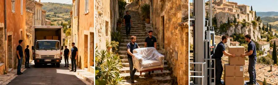 Triptyque montrant les difficultés d'accès lors d'un déménagement dans les villages perchés du Vaucluse