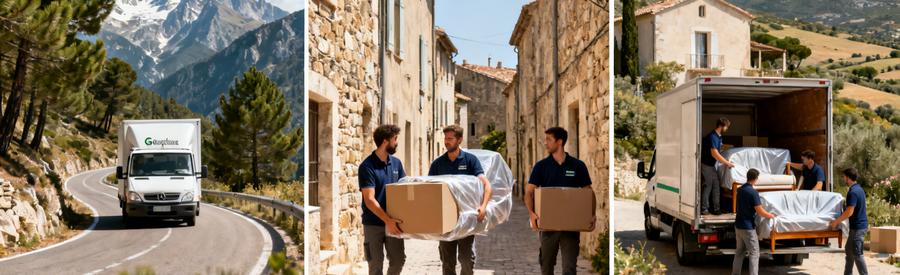 Triptyque illustrant les contraintes géographiques du déménagement en zone montagneuse provençale