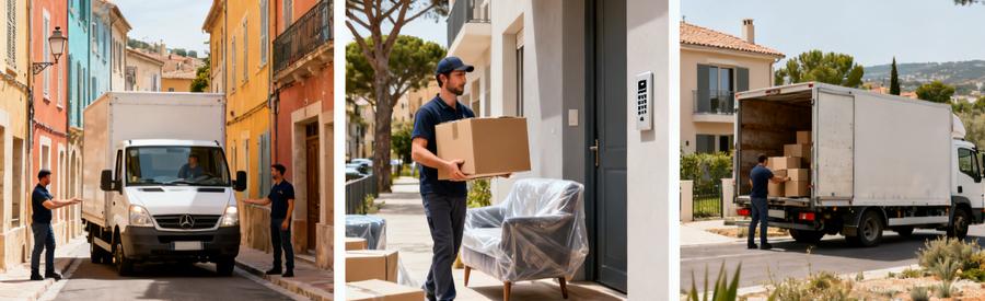 Defis Logistiques Demenagement Valette Du Var Triptyque montrant les contraintes de déménagement selon les quartiers de La Valette-du-Var : rues étroites et résidences