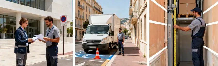 Triptyque illustrant les démarches administratives pour un déménagement à Marseille : consultation mairie, stationnement réservé, vérification accès