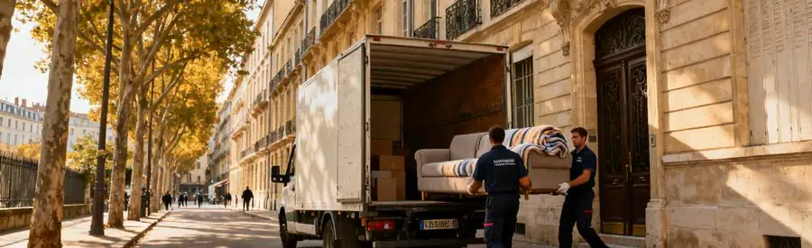 Demenagement Avenue Haussmannienne Lyon 6eme Déménageurs transportant mobilier protégé vers camion dans avenue haussmannienne arborée du 6ème arrondissement