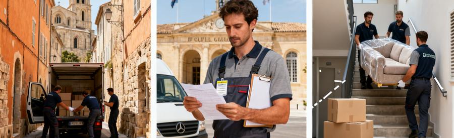 Triptyque logistique déménagement Carpentras : camion en ruelle étroite, autorisation mairie, transport escalier