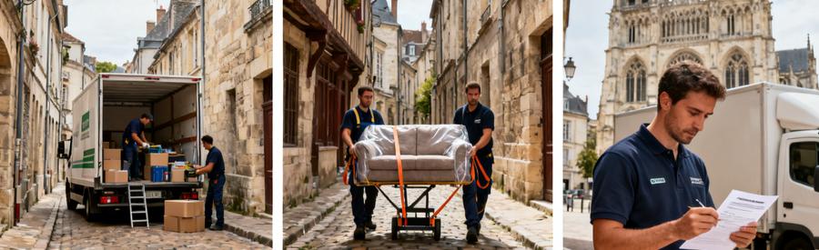 Déménagement professionnel dans les rues étroites du centre historique de Sens avec camion et équipement adapté