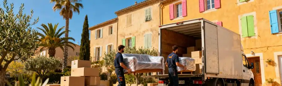 Déménageurs chargeant camion dans quartier provençal ensoleillé avec architecture méditerranéenne typique