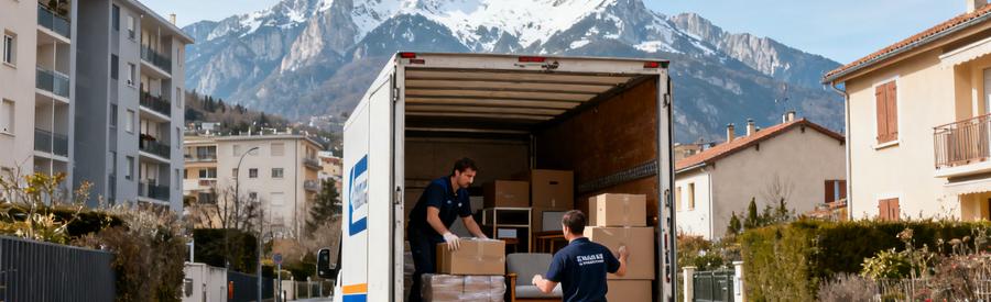Demenagement Gap Hautes Alpes Montagnes Déménageurs chargeant un camion dans une rue de Gap avec montagnes des Hautes-Alpes en arrière-plan