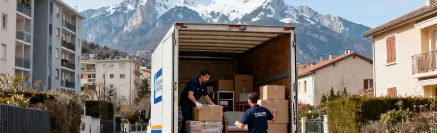 Demenagement Gap Hautes Alpes Montagnes Déménageurs chargeant un camion dans une rue de Gap avec montagnes des Hautes-Alpes en arrière-plan