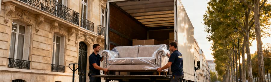 Demenagement Immeuble Haussmannien Lyon 6eme Déménageurs chargeant mobilier devant immeuble cossu avenue large Lyon 6ème arrondissement Brotteaux